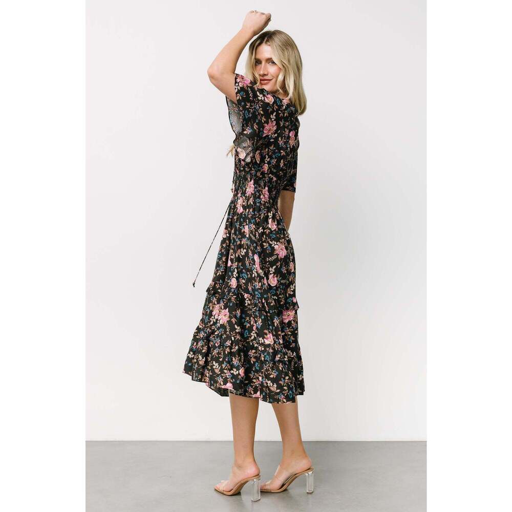 Baltic Born Black Floral Midi Dress with Pink Roses - Picture 3 of 5